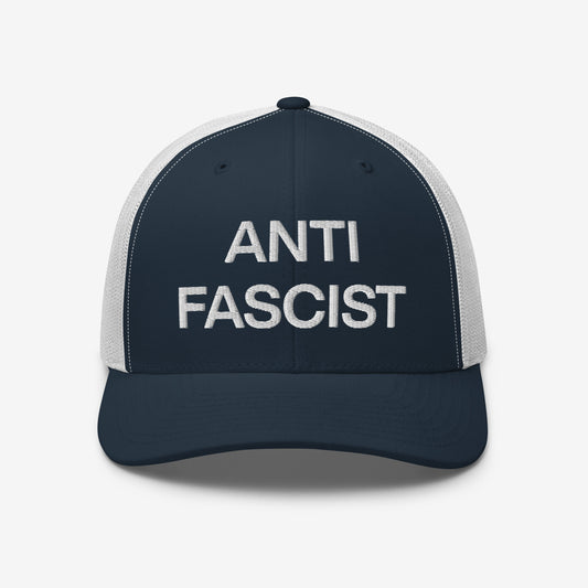 Anti Fascist Trucker Hat Navy White by Strange Allies