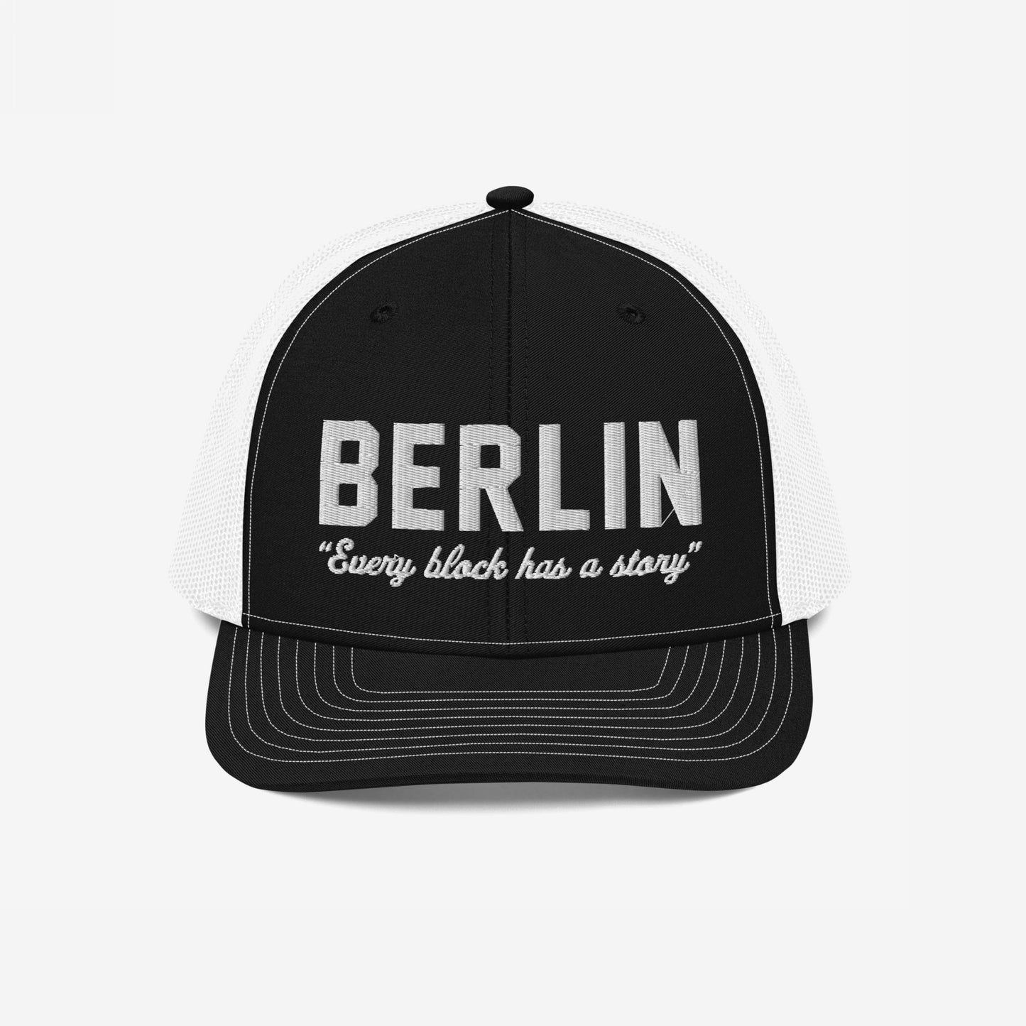 Berlin Story Hat Trucker Hat Black White by Strange Allies