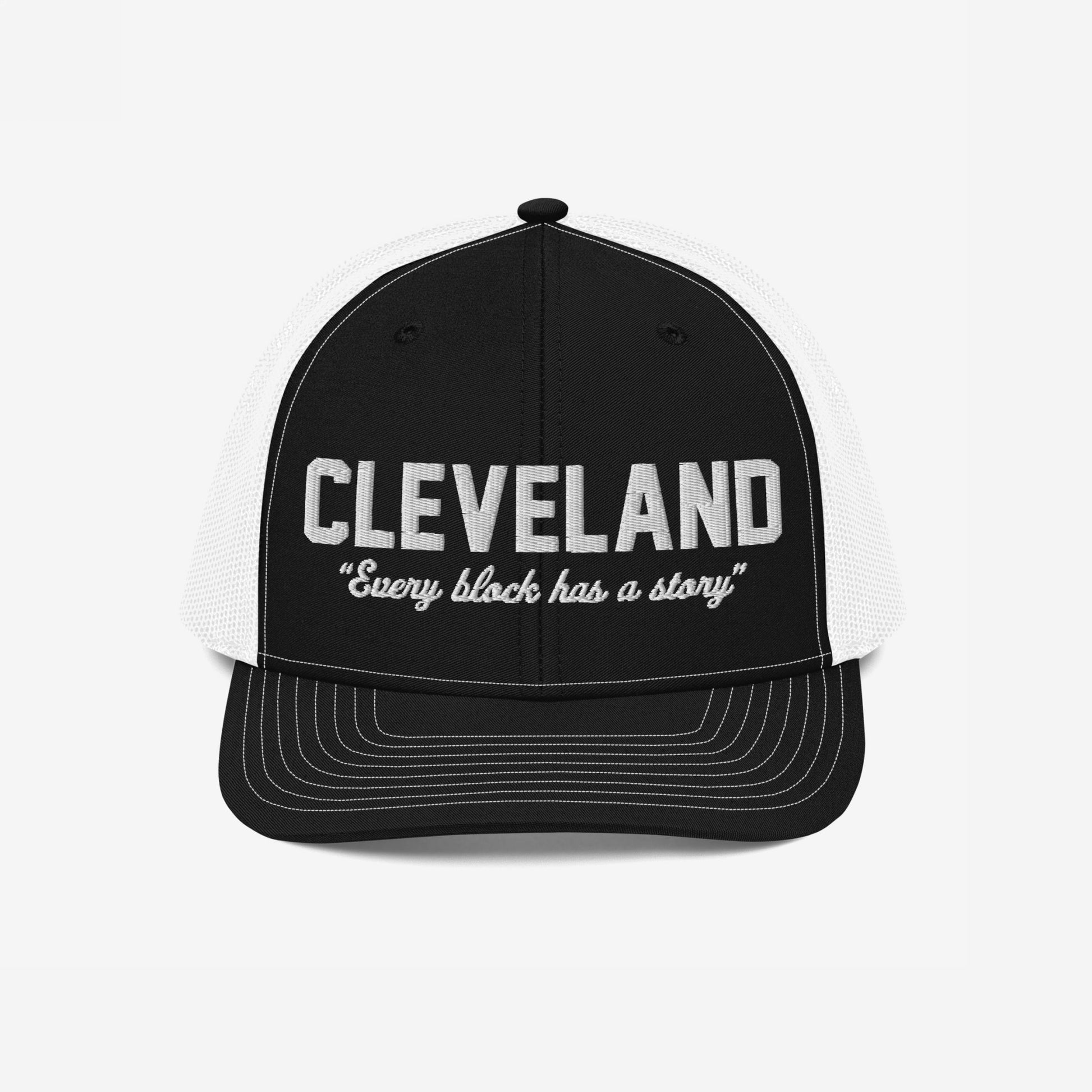 Cleveland Story Hat Trucker Hat Black White by Strange Allies