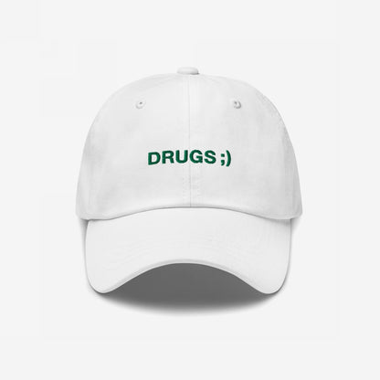 Drugs Hat Dad Hat White by Strange Allies