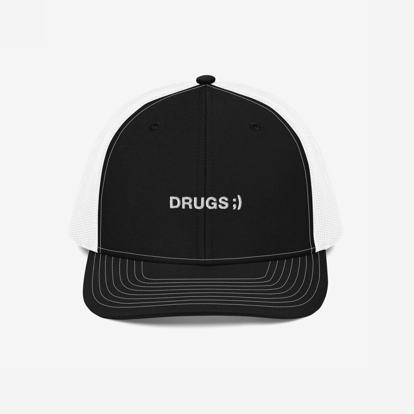 Drugs Hat Trucker Hat Black White by Strange Allies