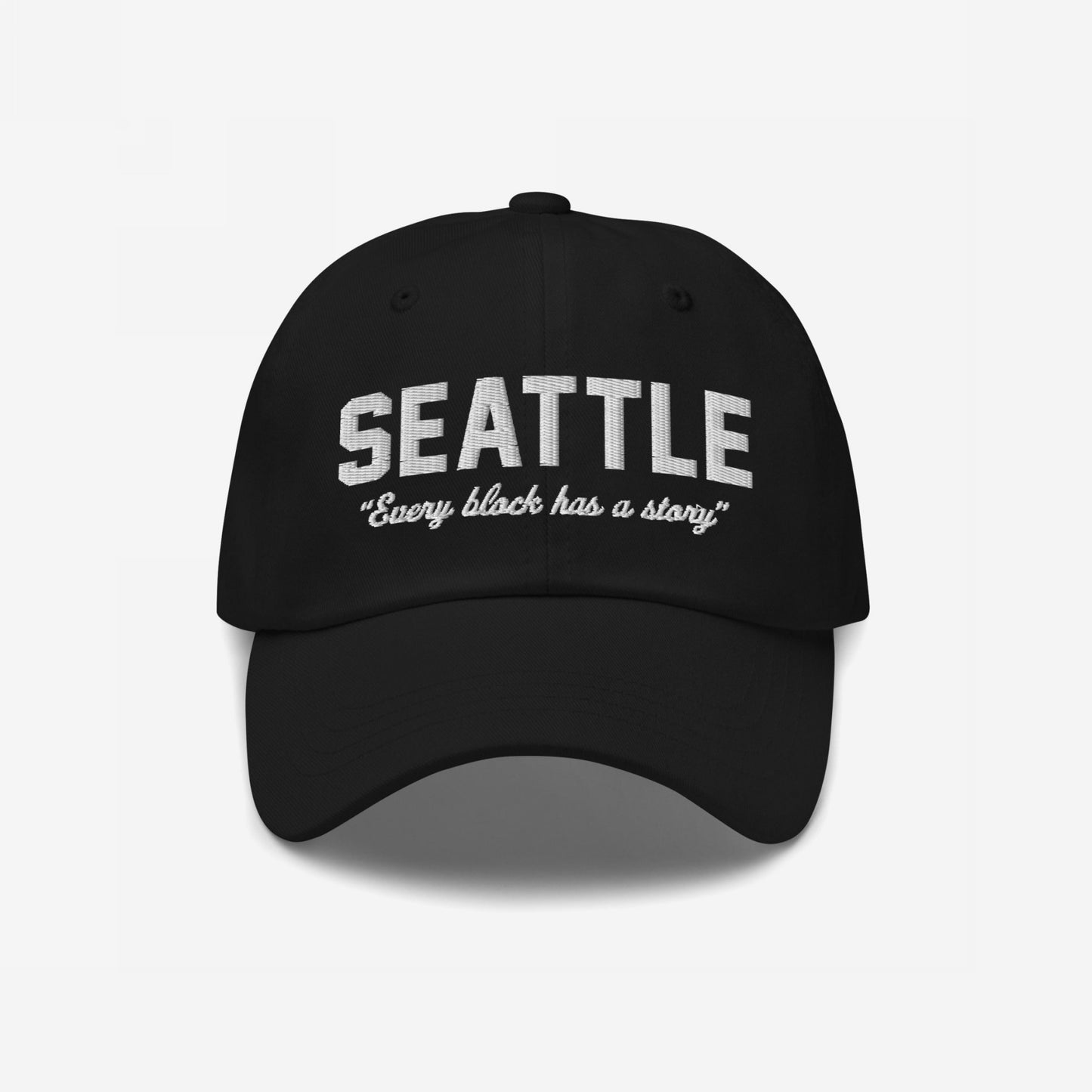 Seattle Story Hat Dad Hat Black by Strange Allies