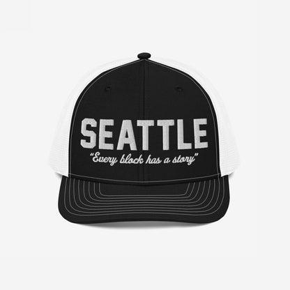 Seattle Story Hat Trucker Hat Black White by Strange Allies